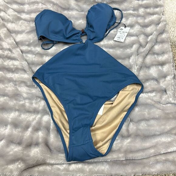 Women's Cut Out Bead Detail One Piece Swimsuit - Shade & Shore™ Blue Size M - Picture 2 of 3